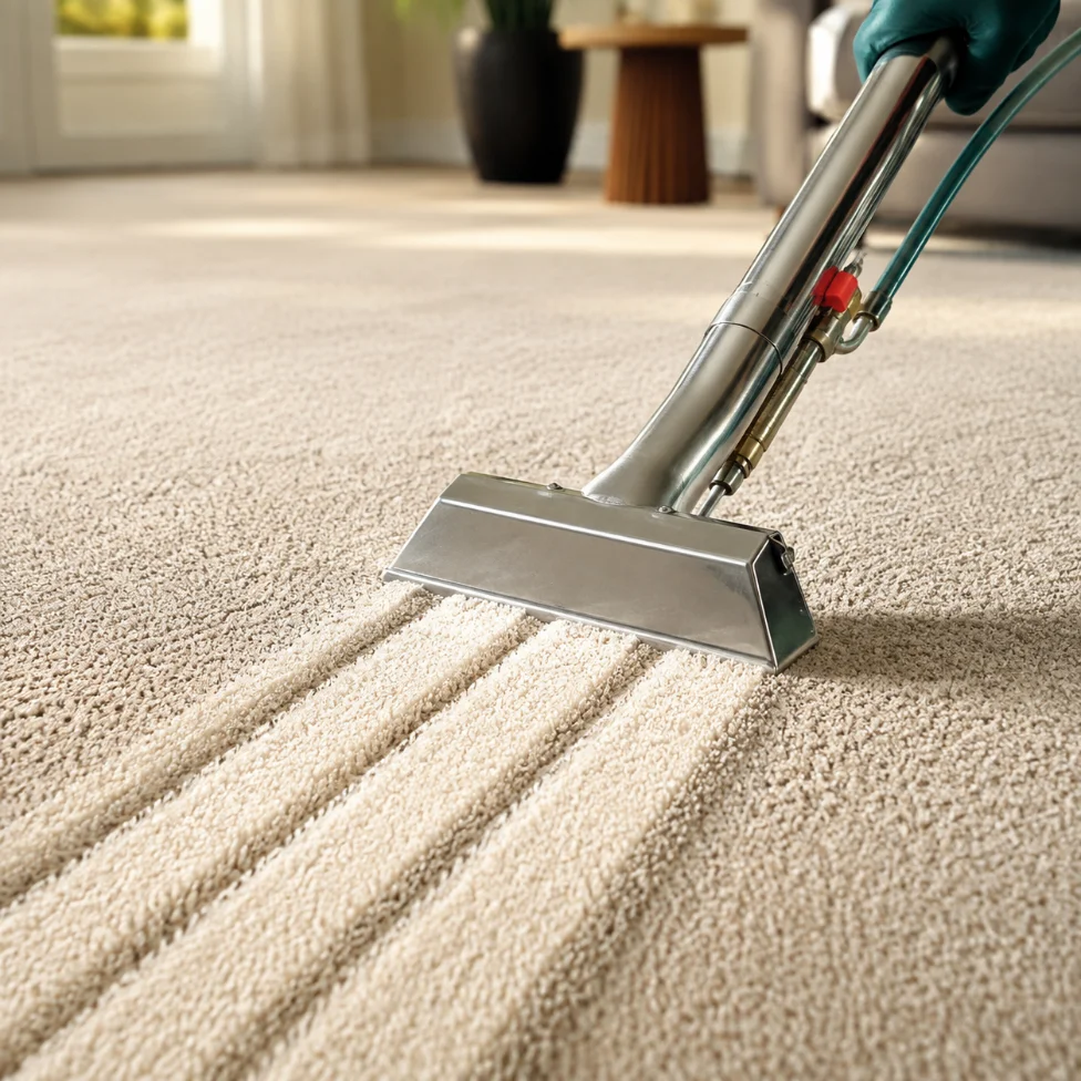 Close-up of a cleaning wand making sharp carpet lines